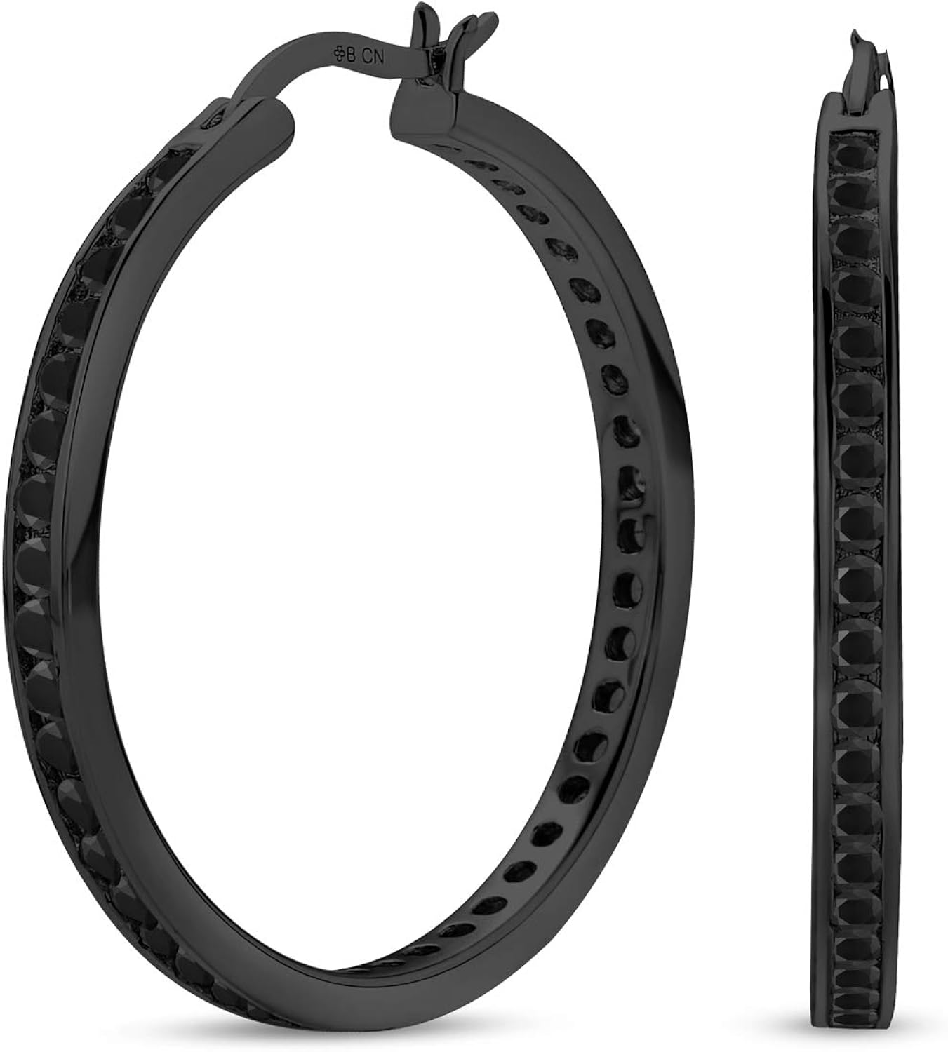 Black On Black Cubic Zirconia Pave CZ Large Statement Big Hoops Earring For Women IP Plated .925 Sterling Silver 1.5 Inch Diameter