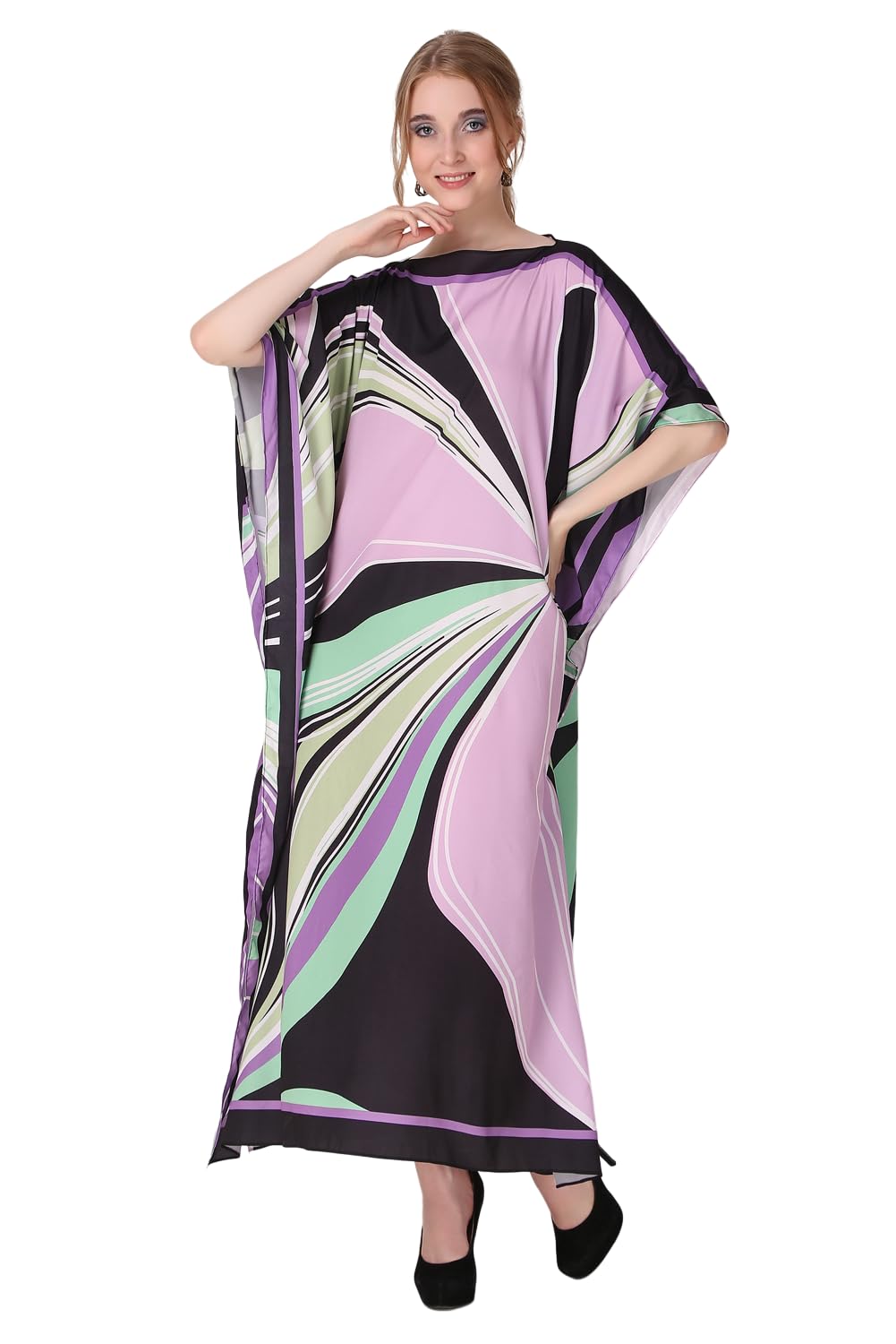 Abstract Ethereal Tapestry Printed Crepe Maxi Length Kaftan Dress for Women Multicolor Freesize-image-38