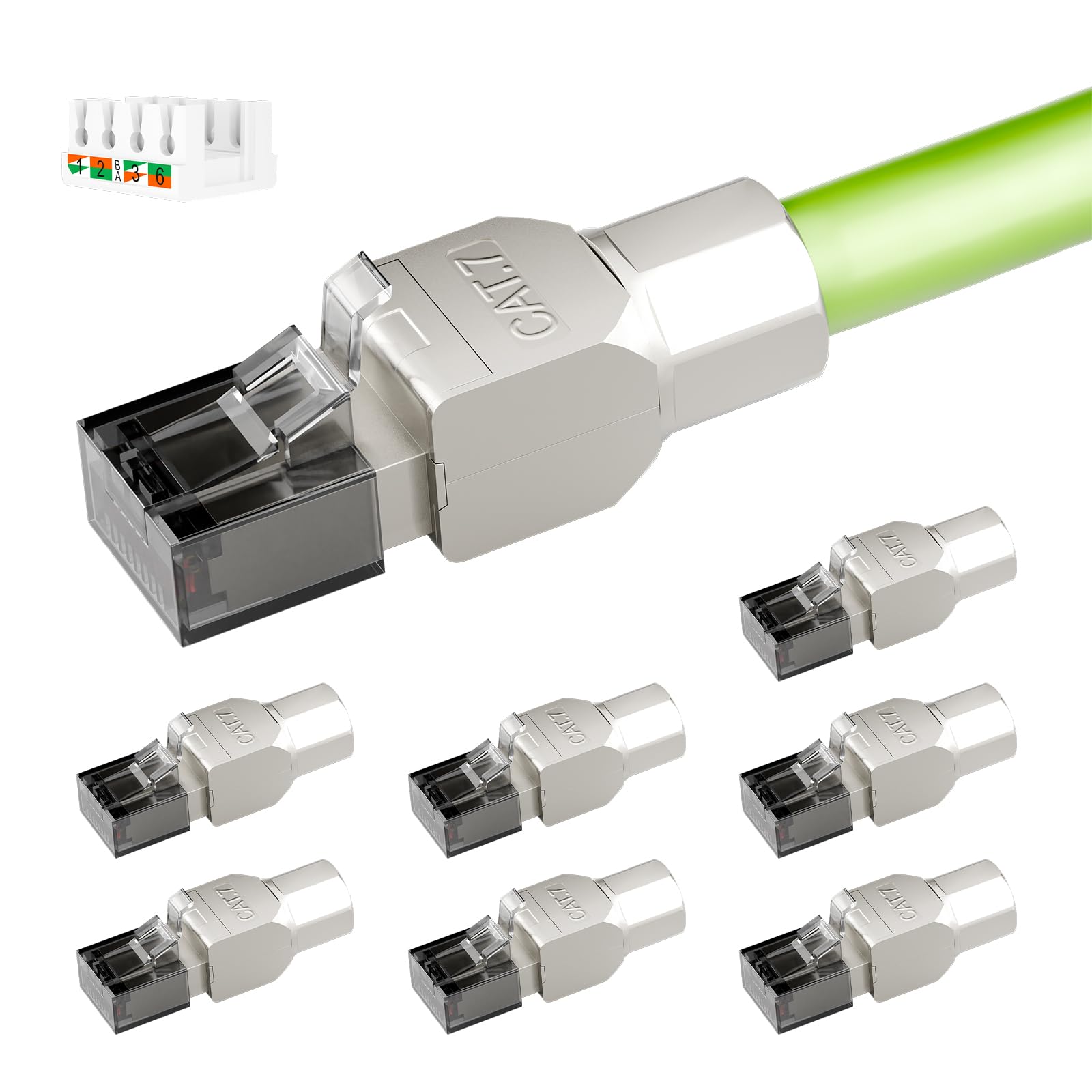 Netzwerkstecker Cat7 Werkzeuglos, 10 Gbit/s 600 MHz, Geschirmt RJ45 Stecker Werkzeuglos POE für Cat7 Cat6A Verlegekabel, Vergoldet lan stecker cat 7 werkzeuglos, Wiederverwendbar, 8 Stück, Grau