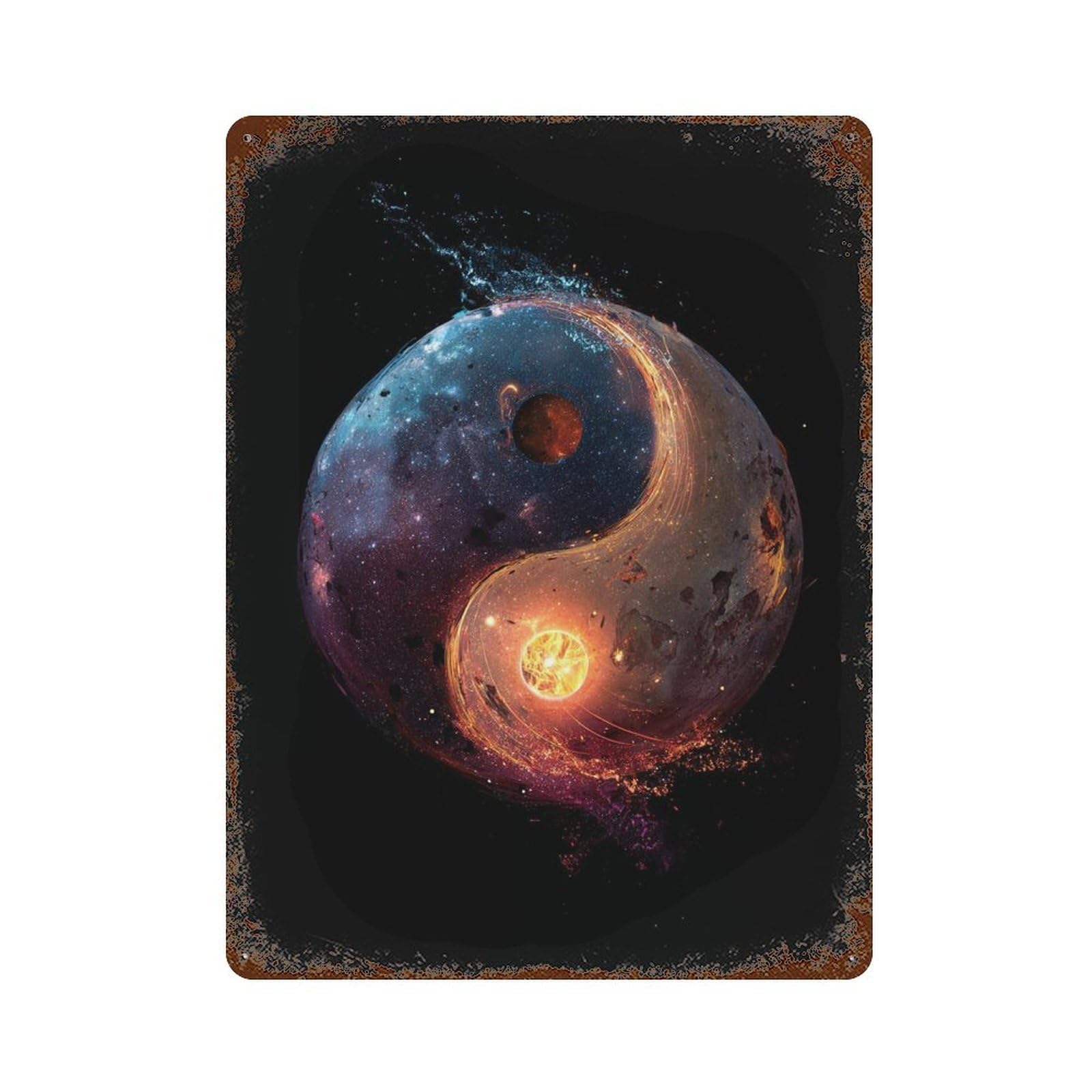 Rustic Tin Plaque Cosmic Yin Yang Symbol 15.7"x11.8", Vintage Wall Decor for Pub, Kitchen And Man Cave Decor