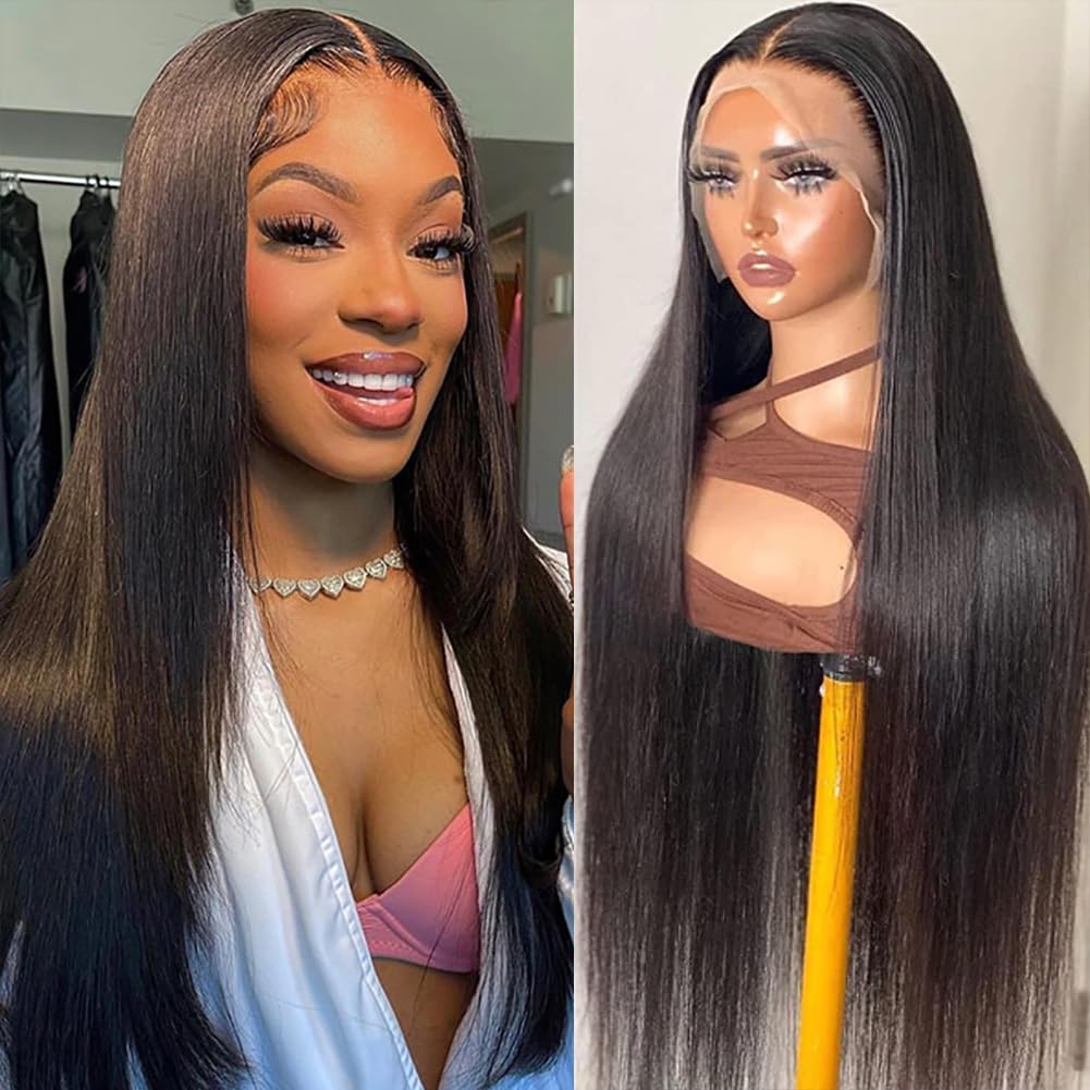 Synthetic Lace Front Wig Pre Plucked Ready to Wear 13x4 HD Glueless Straight Lace Front Wig for Black Women Natural Looking Synthetic Heat Resistant Fiber Lace Wig Natural Black