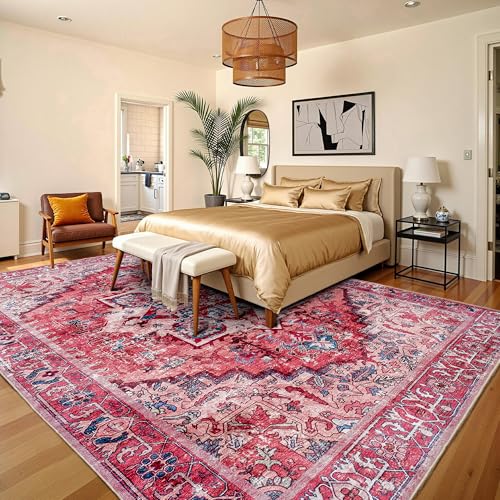Image of AMERLIFE 8'x10' Area Rug, Machine Washable Vintage Area Rug- Soft Carpet with Non-Slip Backing for Living Room, Bedroom, Hallway- Red
