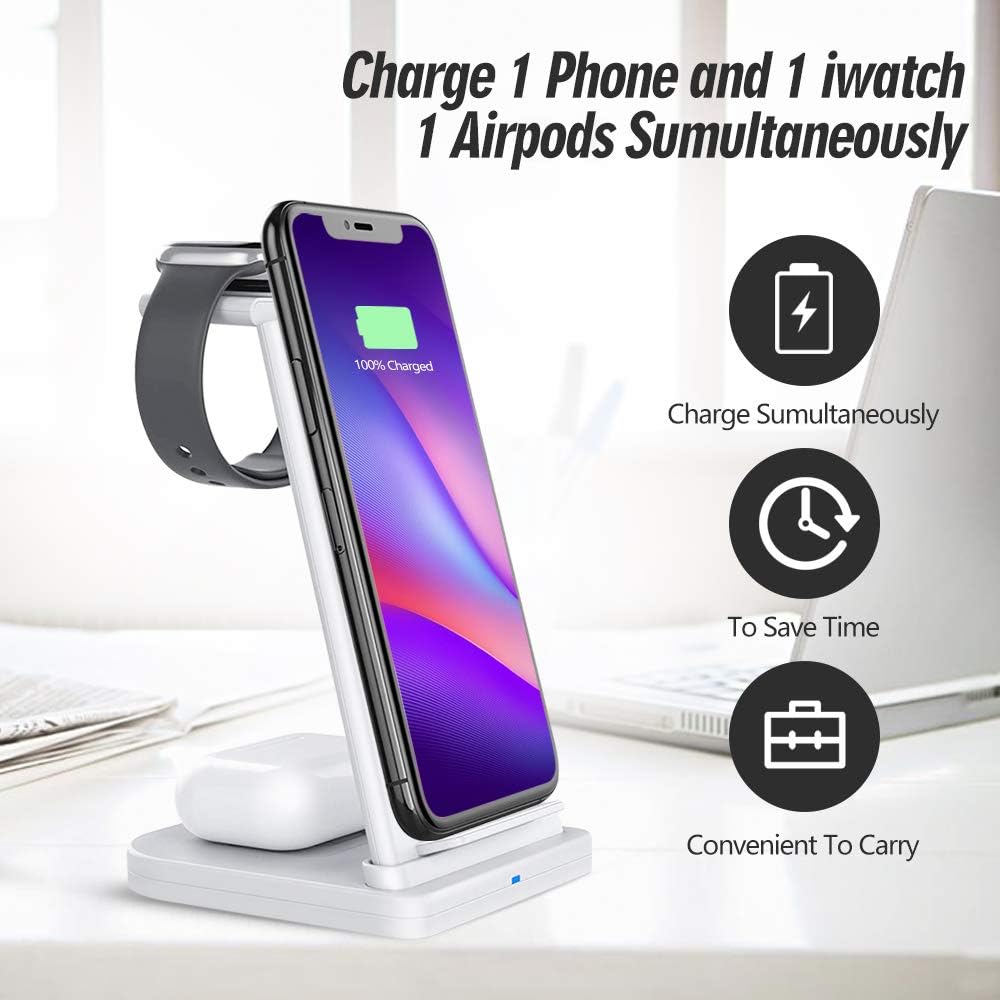 🔥 Hot Deals Detachable Wireless Charging Stand Station Dock 3 in 1 Qi-Certified Fast iPhone Pro Charger Compitable for Apple Watch, iPhone 12/11 /XR/XS/X/8,Samsung S20/S10/S9 Galaxy, Airpods 2/Pro (with Adapter)
