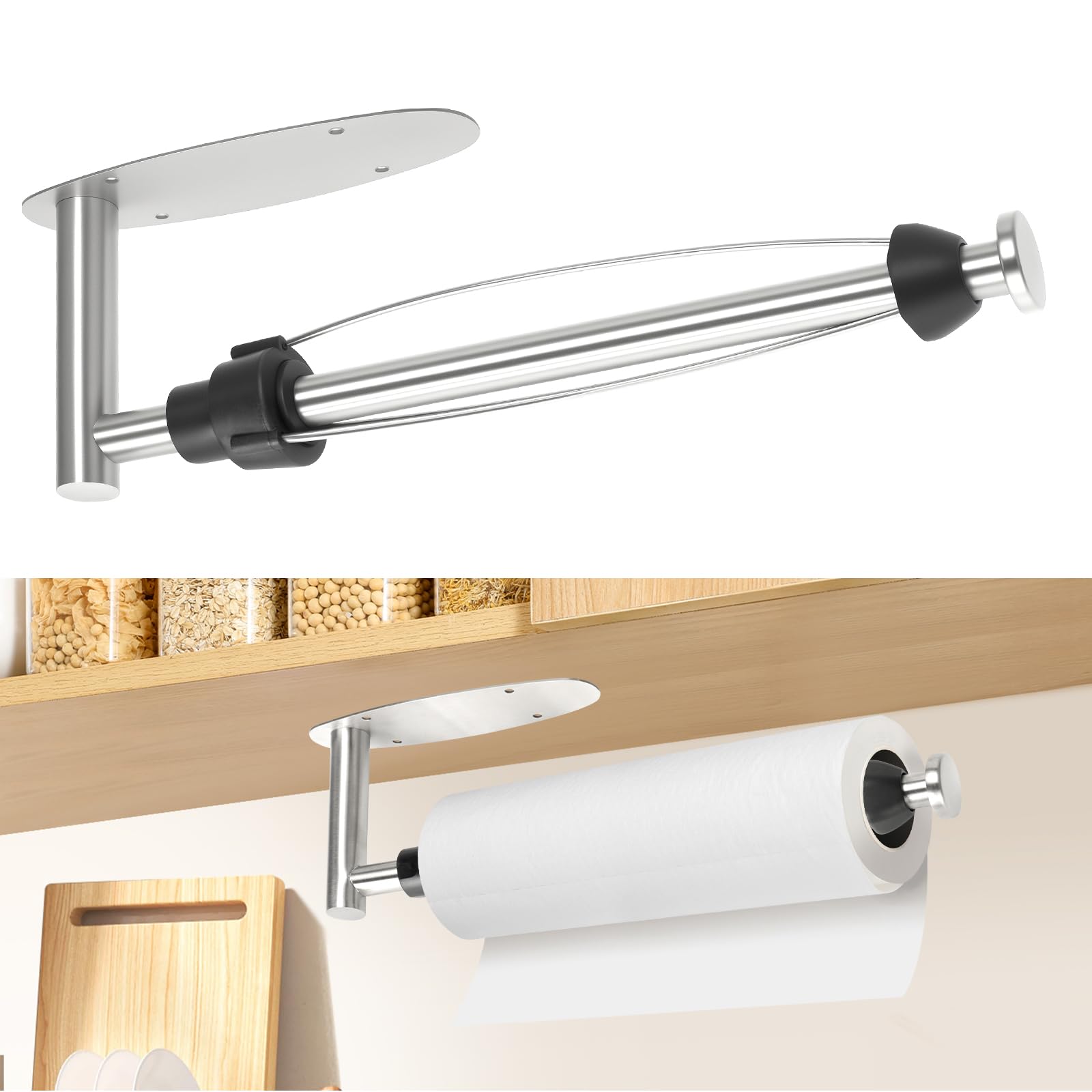 Romon Porta Rotolo da Cucina con Adesivo, Porta Rotoli da Cucina con Effetto Smorzante, Porta Scottex Cucina per Bagno e da Cucina, Montaggio a Parete Autoadesivo o Foratura, Argento