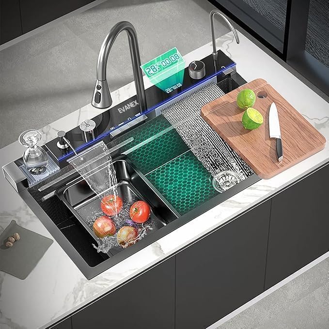 EVANEX Kitchen Sink 30"x18"x9" Inch Piano Sink 304 Stainless Steel Smart Kitchen Sink with LED Pannel Black Matt Finish Multifunctional Sink with Integrated Waterfall & Pull Down Faucet