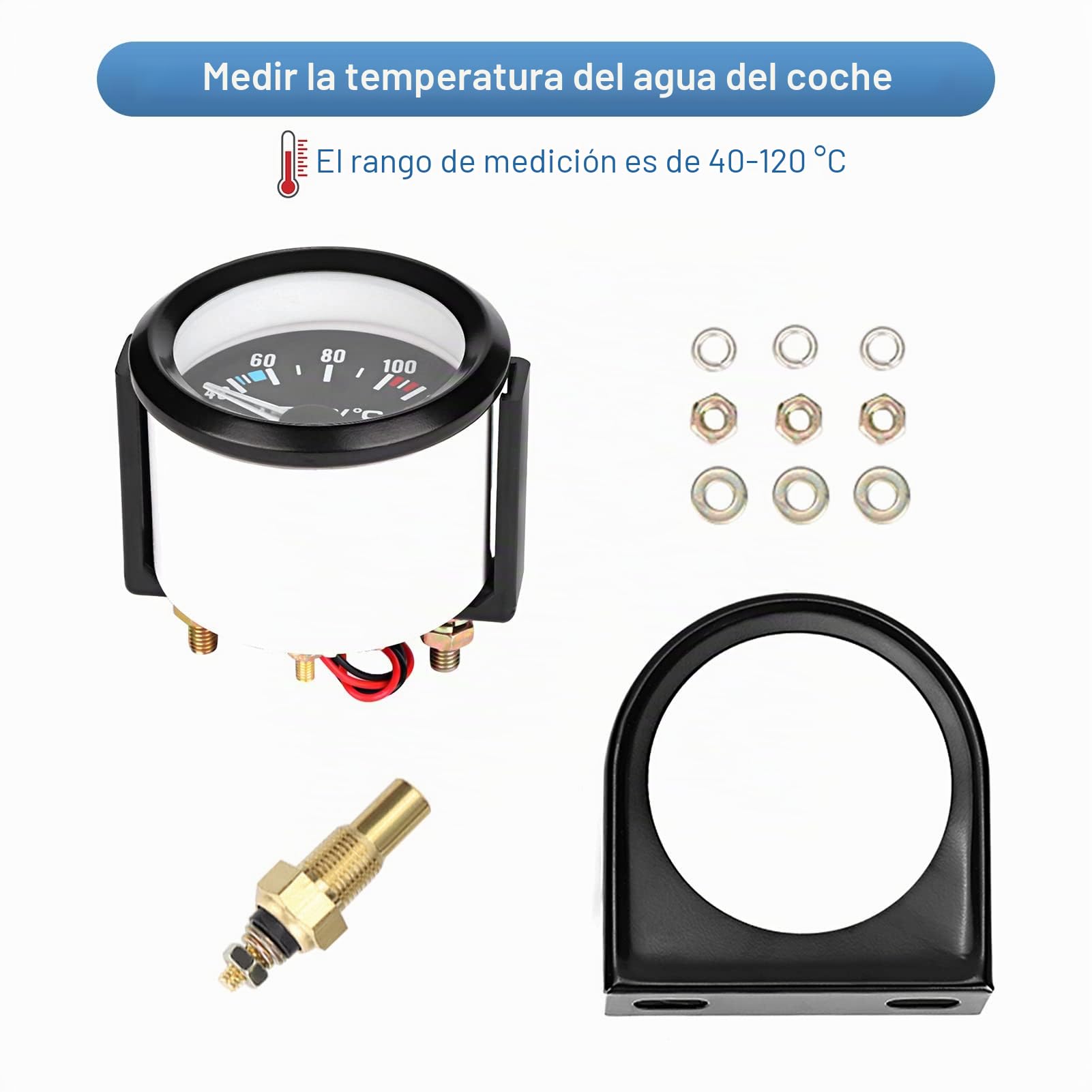 Reloj Temperatura Agua Coche, Medidor de Temperatura de Agua de 2 Pulgadas con Sensor para Coche Universal Auto Racer Truck Tractor, Indicador de Temperatura de Agua del Coche