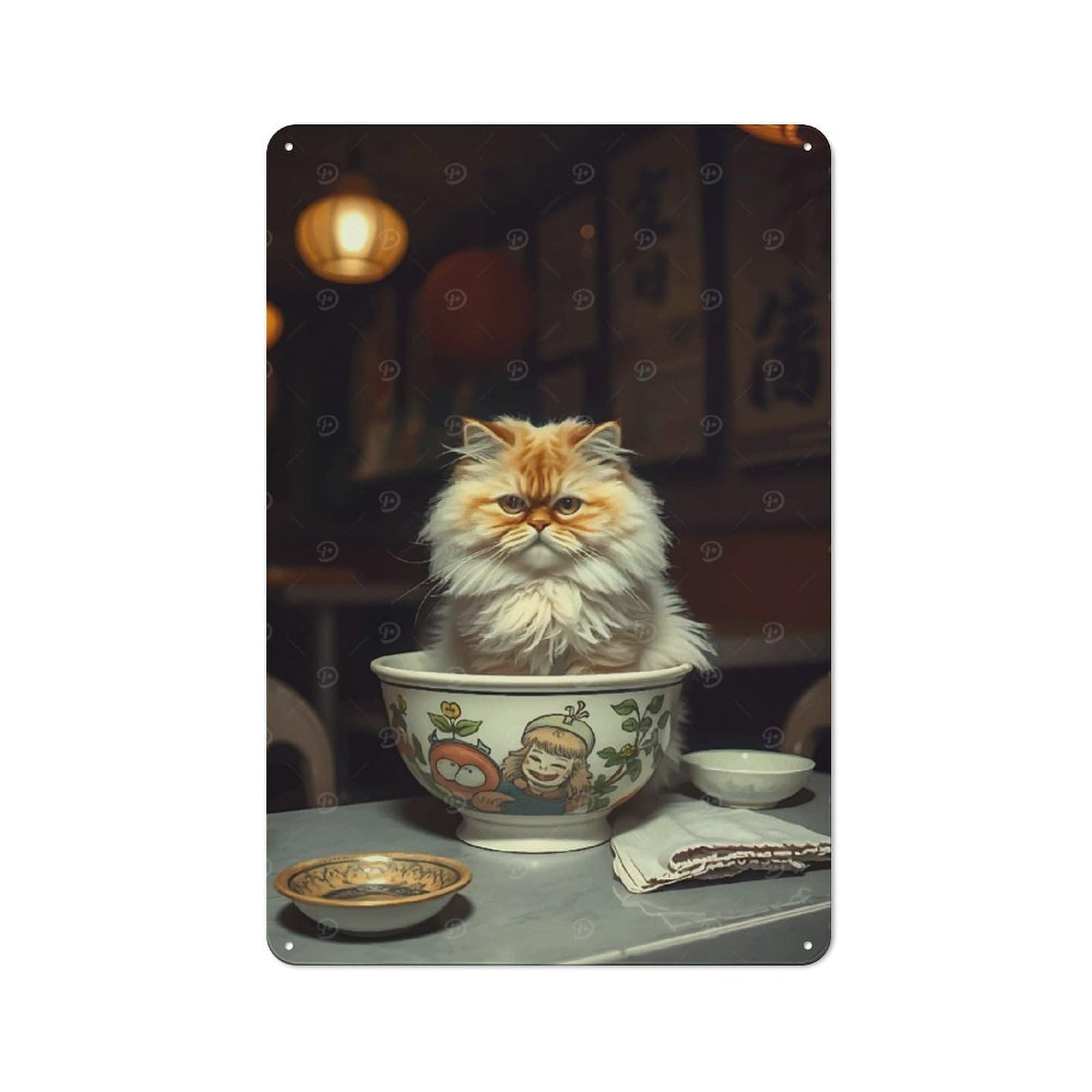 Junmoney Cat In Bowl With Asian Decor Creative Metal Wall Decor 30X20cm, Metal Desk Wall Sign For Hobby Room, Office, Lounge Or Living Room