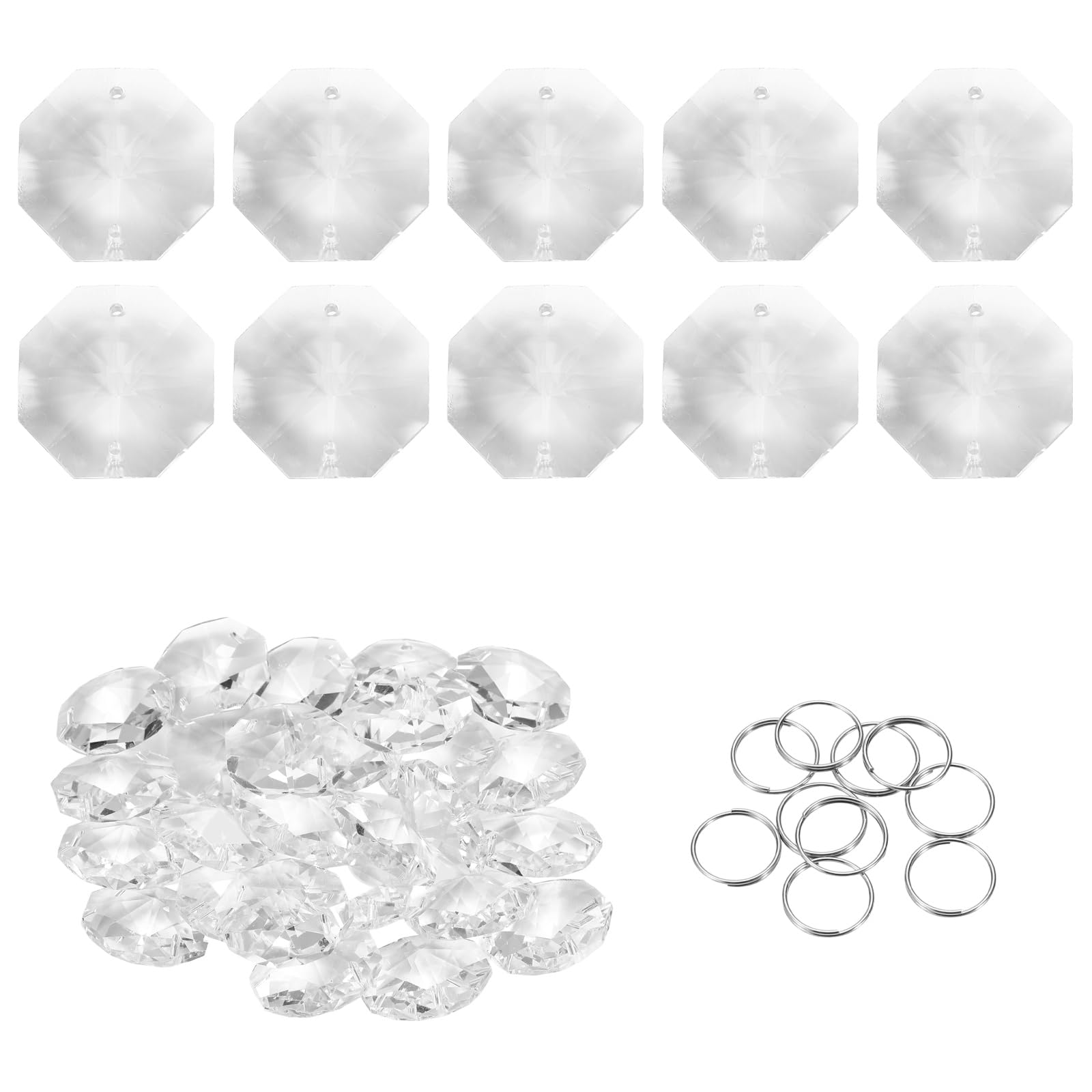 sourcing map 25Pcs 2 Hole Crystal Octagon Beads, 28mm K9 Glass Hanging Chandelier Bead Prisms Part with Stainless Steel Ring for Crystal Chandelier Lamp Pendant Jewelry, Clear