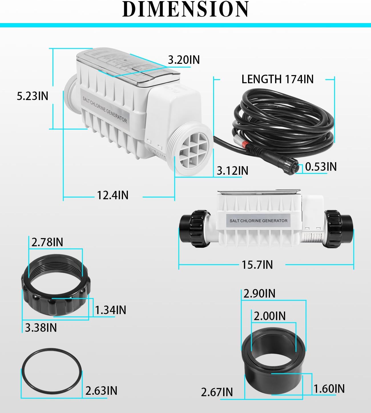 520555 Salt Chlorine Generator Cell, Suitable for Pools Up to 40,000 Gallons, Includes 15' Cable 2" PVC Unions