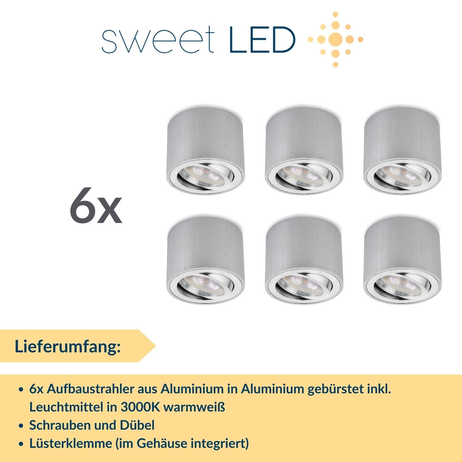 6er Set LED Aufbauspot Aluminium Gebürstet Silber Flach Ø80x50mm – 5W 3000K Warmweiß – Schwenkbar – Deckenspot Aufputz 230V – Wechselbares LED Modul