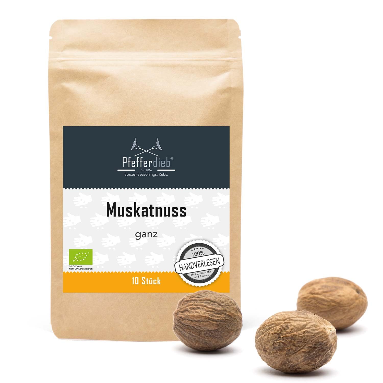 Muskatnuss ganz, Muskat BIO, handverlesen, A-Qualität erntefrisch aus Sri Lanka, laborgeprüft 10 Stück - Pfefferdieb®