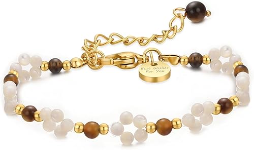 vissen White Pearl Flower Bracelet for Women Beaded Tiger Eye Stone 14K Gold Pla