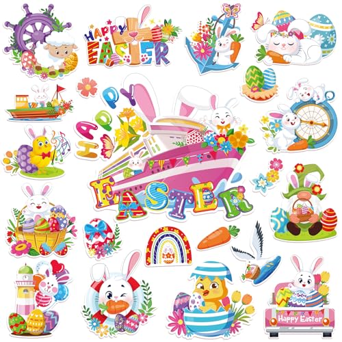 PHOGARY 21pcs Happy Easter Cruise Door Decorations, Easter Bunny Eggs Chicks Car Refrigerator Magnets for Cruise Ship Home Car Fridge Mailbox Metal Door Decorations