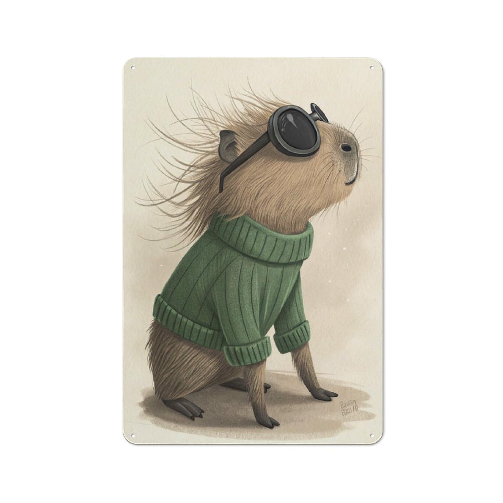 Junmoney Style-5 Classic Capybara In Sweater And Sunglasses Metal Sign 30X20cm, Classic Pub Decor For Diner, Restaurant, Shed Or Kitchen