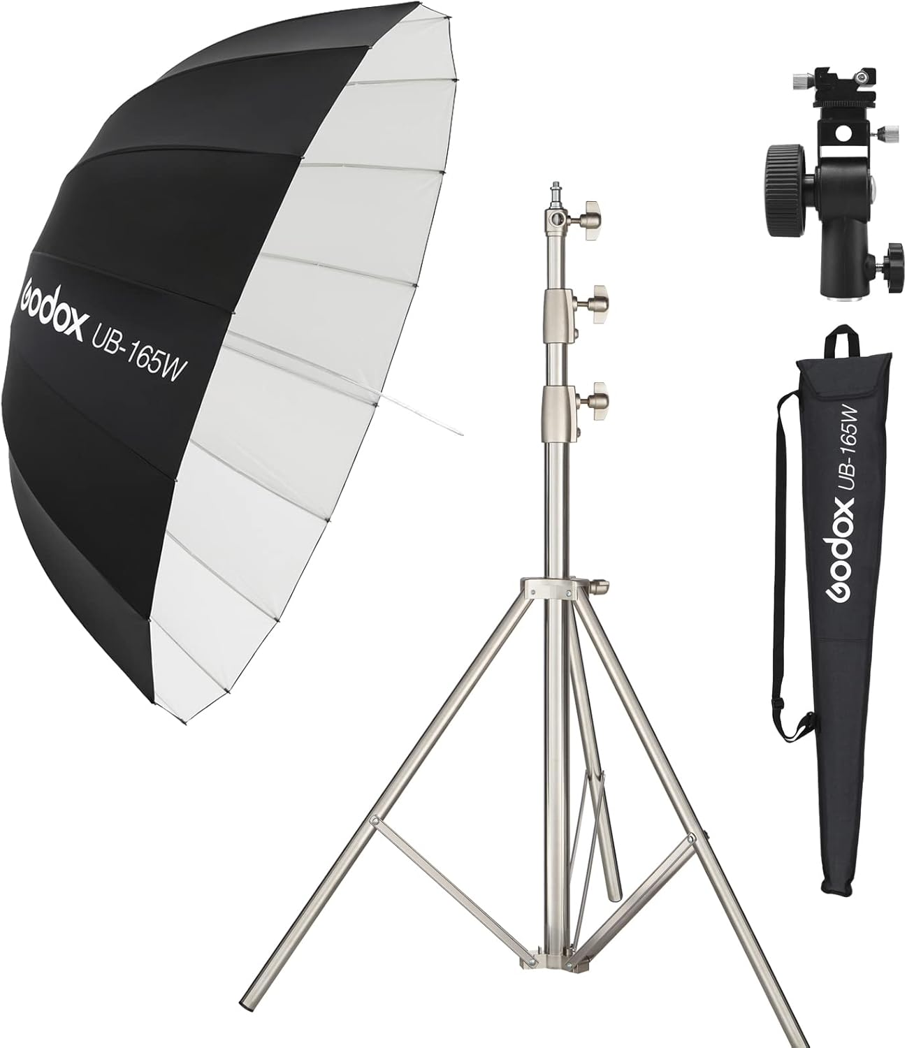 Godox UB-165W 65in 165cm Parabolic Inner White Reflec Umbrella Studio Light Umbrell,Diffuser Cover Cloth with 2.8M Stainless Steel Light Stand,Metal Block Type-D (UB-165W KIT)