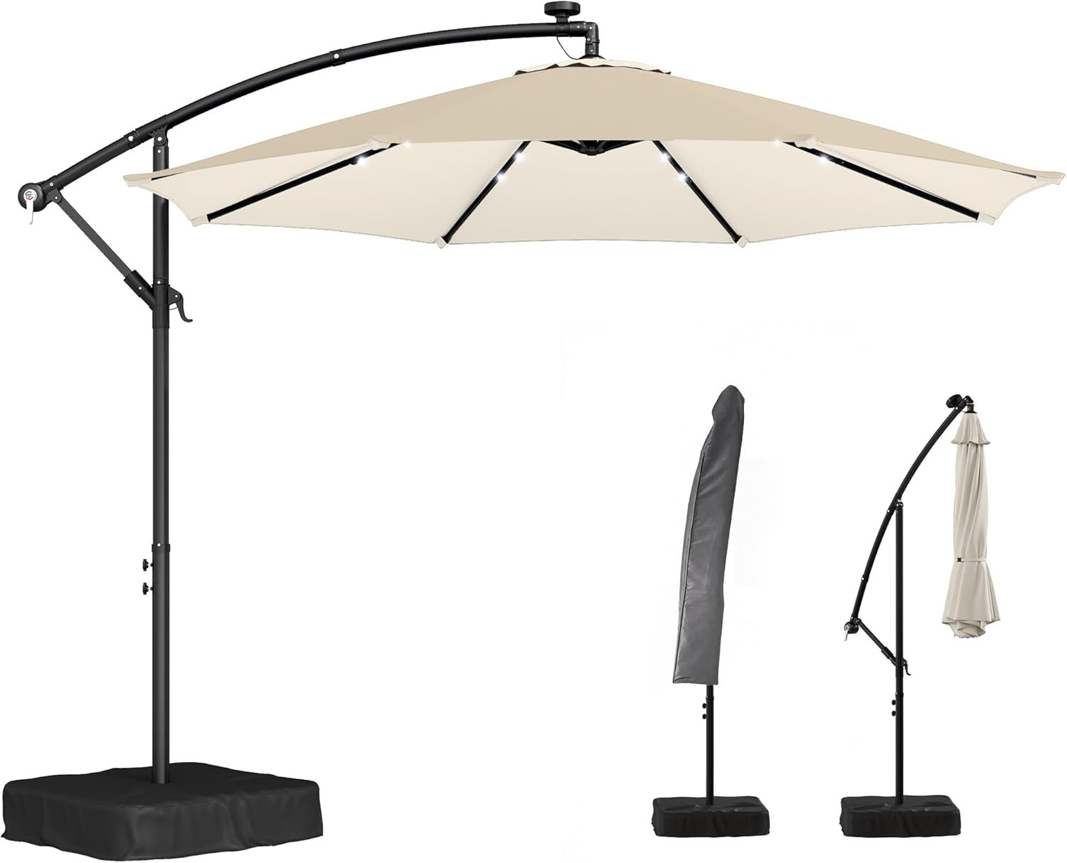 Outsunny 10 ft Cantilever Patio Umbrella with Solar LED Light, Sandbag Weight, Offset Hanging Outdoor Market Umbrella with Protective Cover, Crank and Tilt, Cream White
