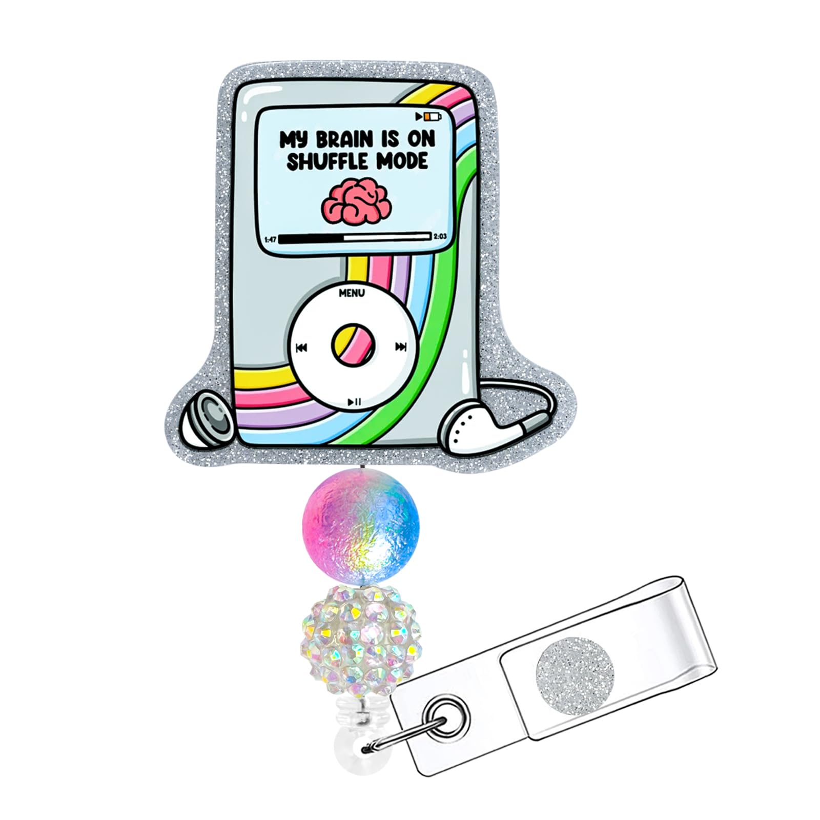 Horee Retractable Badge Reel with Alligator Clip, Glitter Acrylic Nurse ID Card Holder with Beads, Bling Funny Design (Brain)
