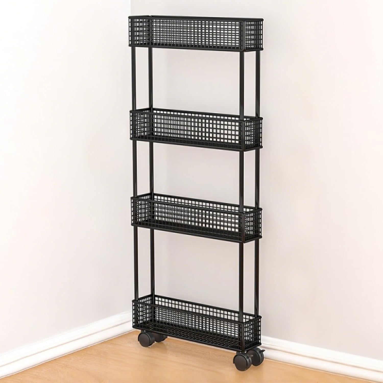 SRNSAEB Large Capacity Behind The Door Storage Organizer, 9 12 16 CM Narrow Over-the-door Pantry Rack with 360° Wheels, Freestanding Dorm Home Spice Racks(Black 50cm/19.7" x16cm/6.3",4 Tier)