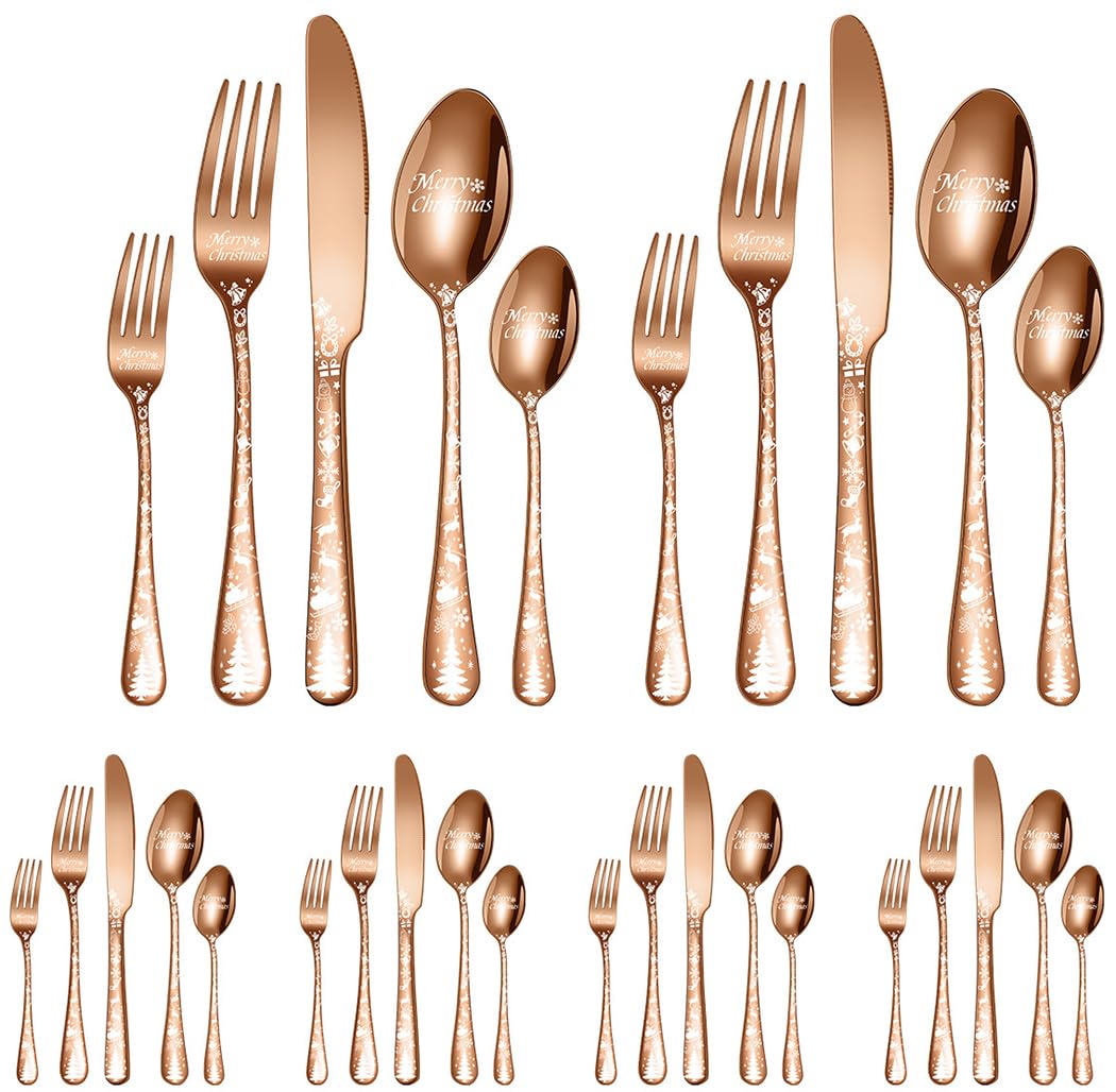 XIAOYU Weihnachtsbesteckset, 30-teilig, bestehend aus 12 x Gabeln, 12 x Löffeln, 6 x Messern, Edelstahl-Besteckset, einzigartiges dekoratives Besteckset mit Weihnachtsbaummuster, Roségold