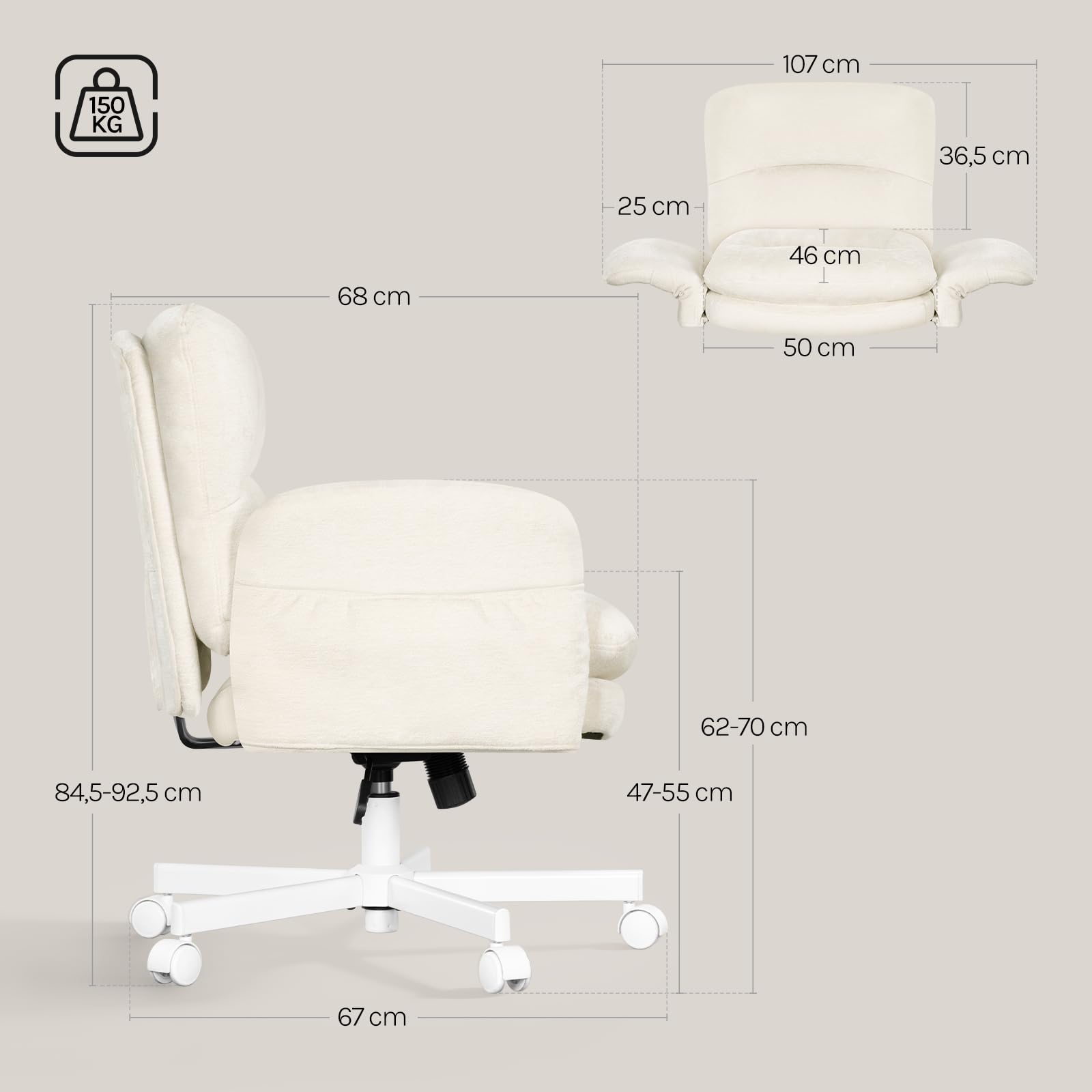 WOLTU Chaise de Bureau, Fauteuil de Bureau Ergonomique, Chenille, Beige | Accoudoirs Réglables sur 5 Niveaux, Pivotant, Double Coussin d'Assise, Poches Latérales et Hauteur Réglable