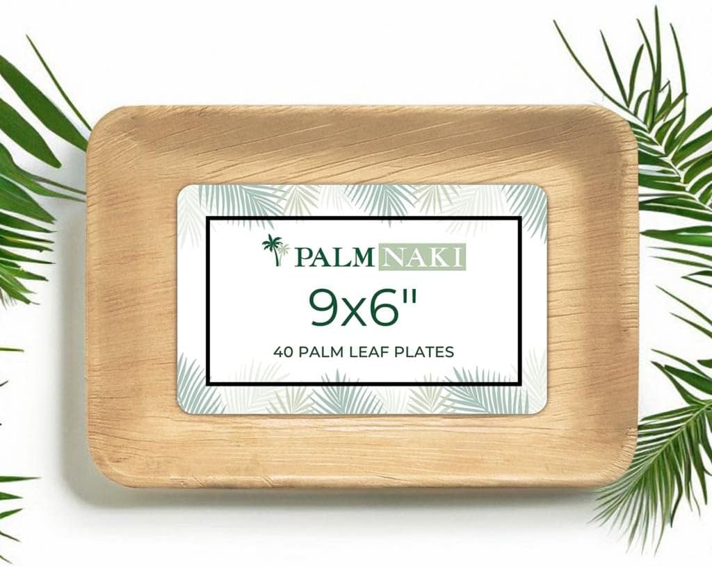 PALM NAKI Eco-Friendly Palm Leaf Rectangle Plates - 9" x 6" - Bamboo Style (40 Pack), Sustainable, Decorative & Compostable Tableware (Rectangle Plates)