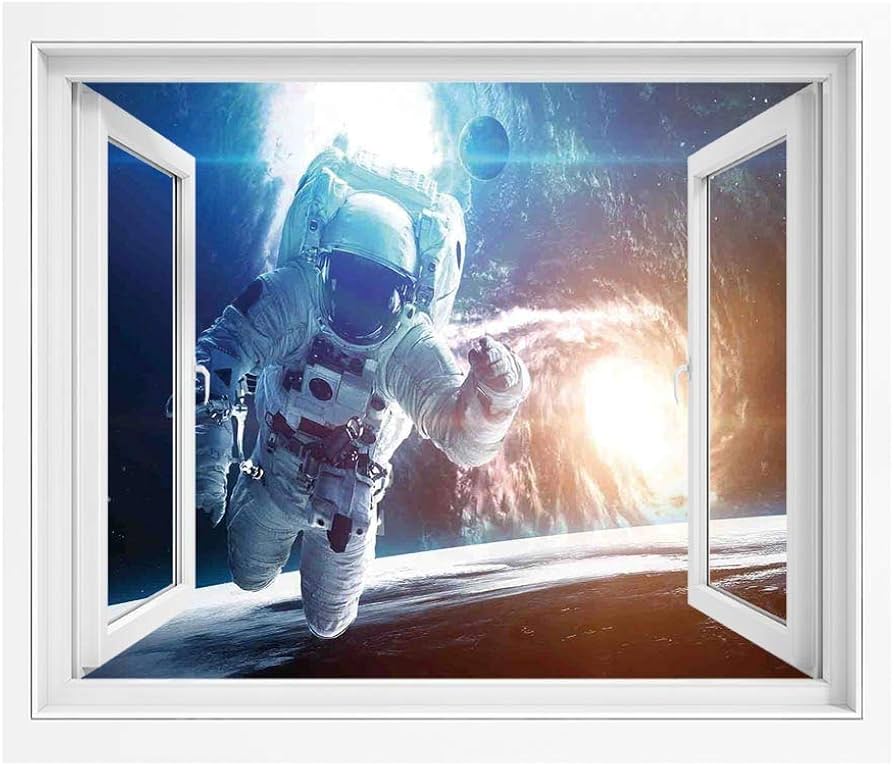 宇宙空間の装飾 偽窓ステッカー 絵画風 PVC壁紙 90x60 cm 星雲ガス雲星間アートプリント 窓ポスター インテリア 壁飾り 風景ステッカー  剥がせるブルーイエローの前の銀河の宇宙人