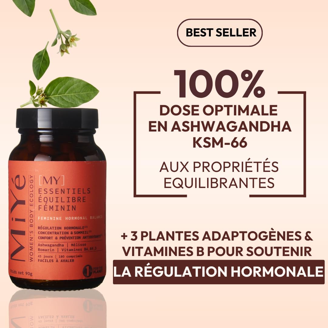 MiYé | Equilibre hormonal, ménopause, spm & sopk | Ashwagandha KSM-66, Mélisse, Romarin, Vitamines B6, B9 & D | 180 gélules vegan, 45 jours