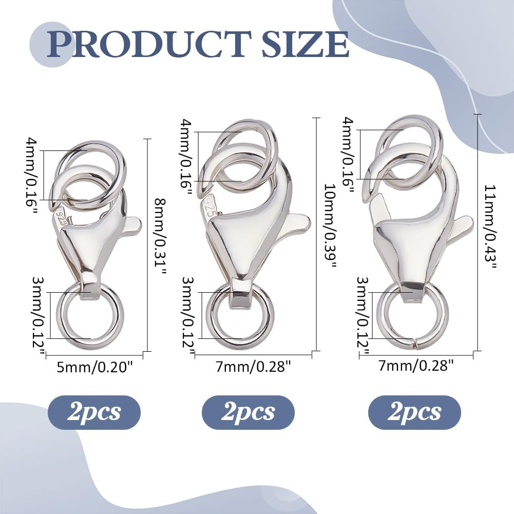 6Pcs 3 Styles 925 Sterling Silver Lobster Claw Clasps with 2 Closed Jump Rings Lobster Clasp Necklace Clasps and Closures Connect for Jewelry Making Findings DIY Craft