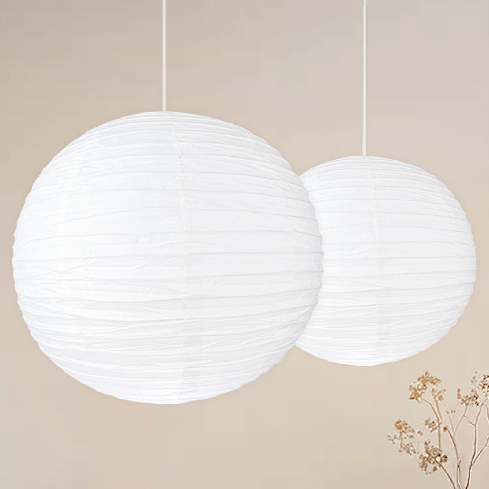 2PCS 20Inch Paper Lantern Lights, White Round Rice Paper Lamp Shades, Chinese/Japanese Paper Lantern Pendant Light for Party Decoration, Wedding, Home Decor