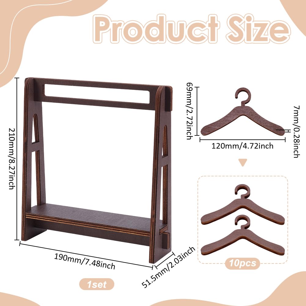 UNICRAFTALE Wood Clothe Rack Dolls Hanger with 10Pcs Clothes Hanger Small Dolls Clothes Racks Coconut Brown Mini Dress Up Storage Doll Garment Rack for Doll Accessories 19x5.2x21cm for Adult - Image 3