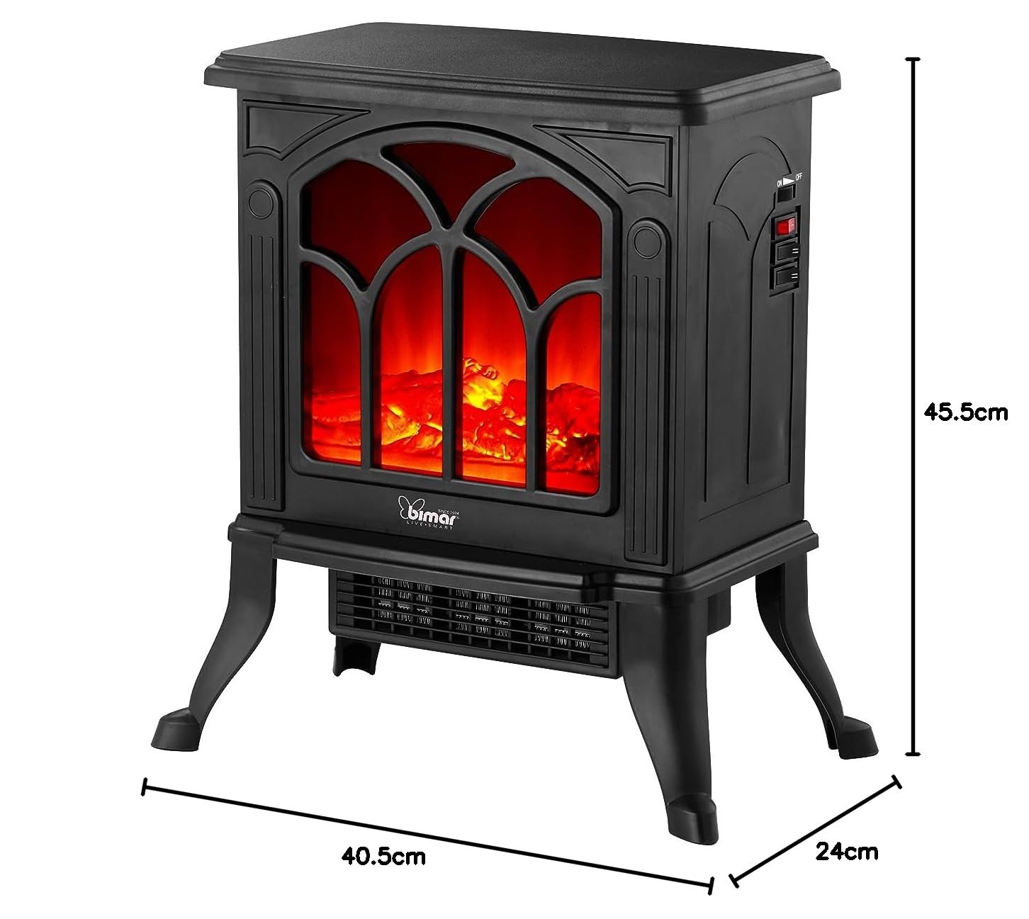 Bimar HFP02 Caminetto Elettrico da Pavimento con Effetto Fiamma Camino con Termoventilatore Resistenza Ceramica PTC a Basso Consumo, Termostato Regolabile e 2 Potenze di Riscaldamento