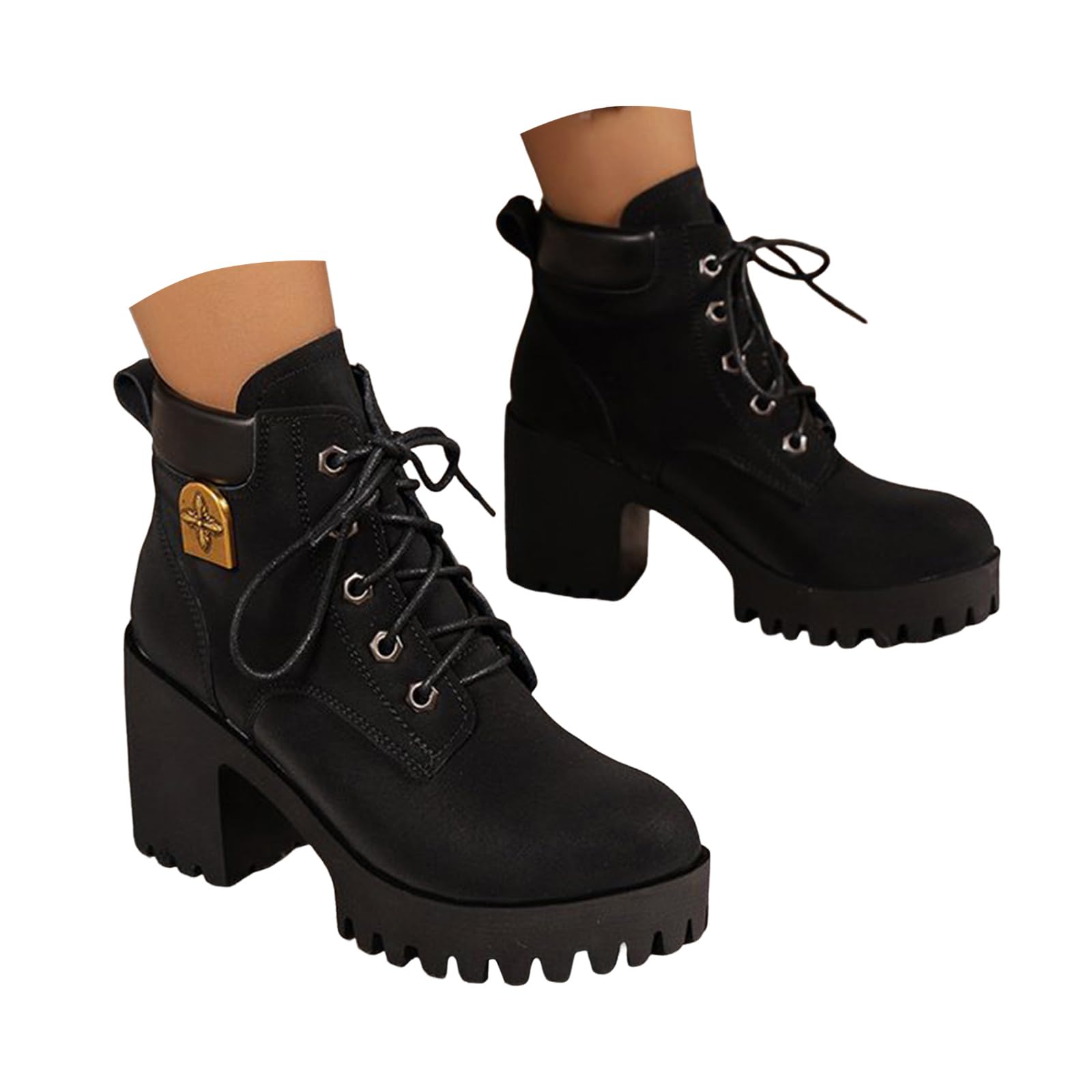 ZSpzx Womens Ankle Combat Boots Platforms Lace up Leather Chunky Block High Heels Lug Sole Round Toe Pull