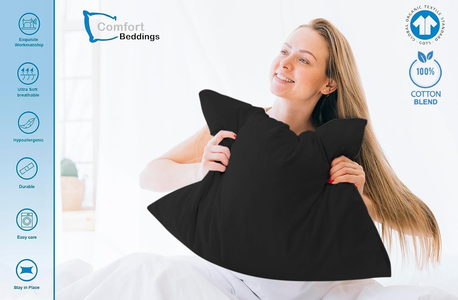 Comfort Beddings 2 Pack Pillowcases, 56x79cm Extra Wide Pillow Covers, Premium Cotton-Polyester Blend - Image 2