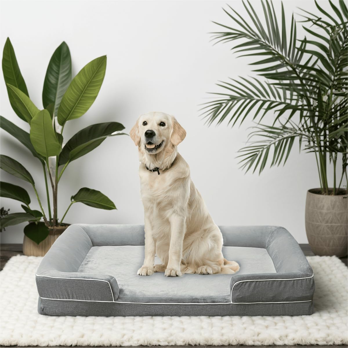Orthopedic Dog Bed Set with Pillows & Memory Foam,Large 48×35 Inch Washable Pet Bed Dog Couch, Removable Cover & Non-Skid Base,​Grey