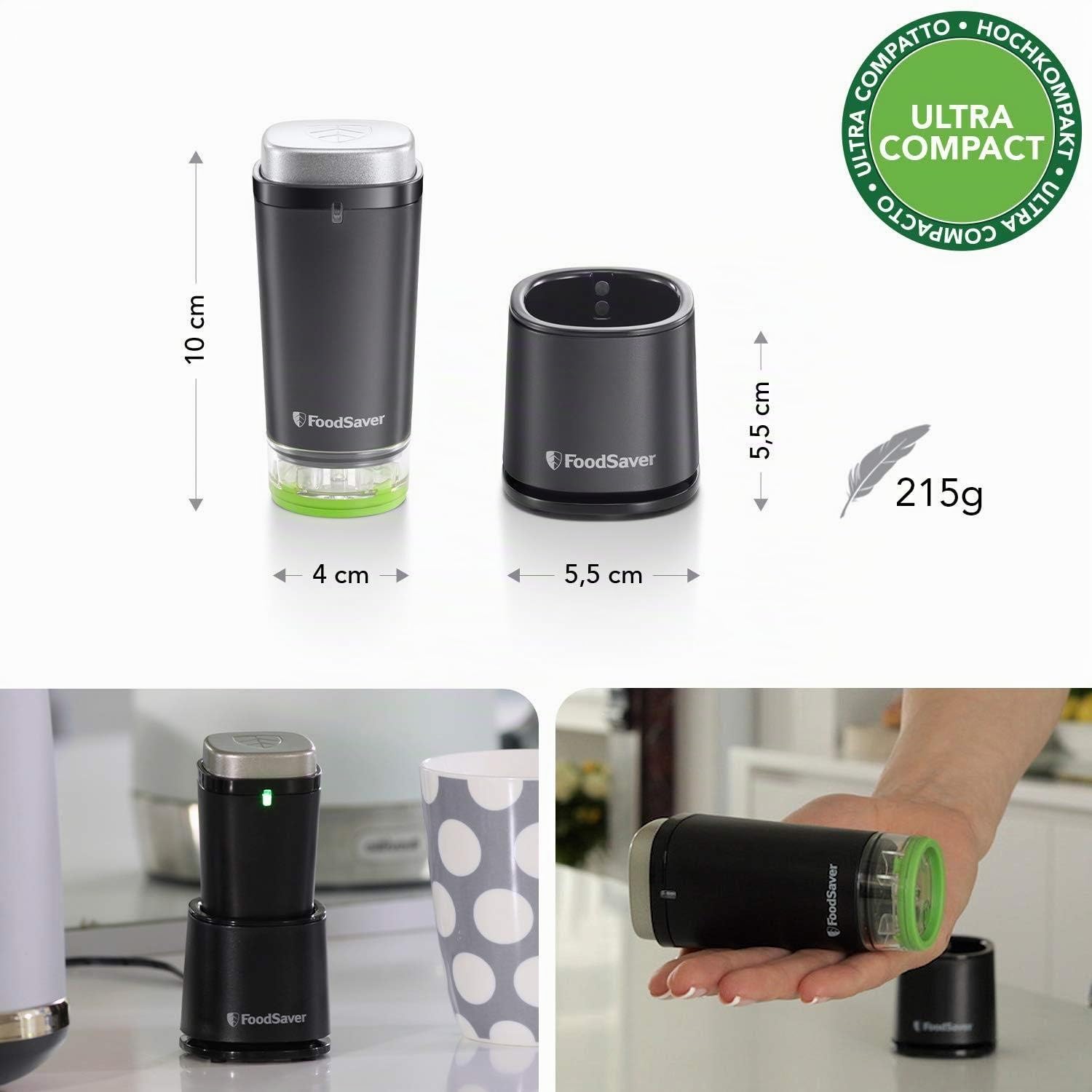 FoodSaver Aspirapolvere senza fili per sigillare alimenti con stazione di ricarica | Mini macchina sottovuoto con 1 contenitore per inscatolamento e marinatura e 5 sacchetti sottovuoto [VS1199X]