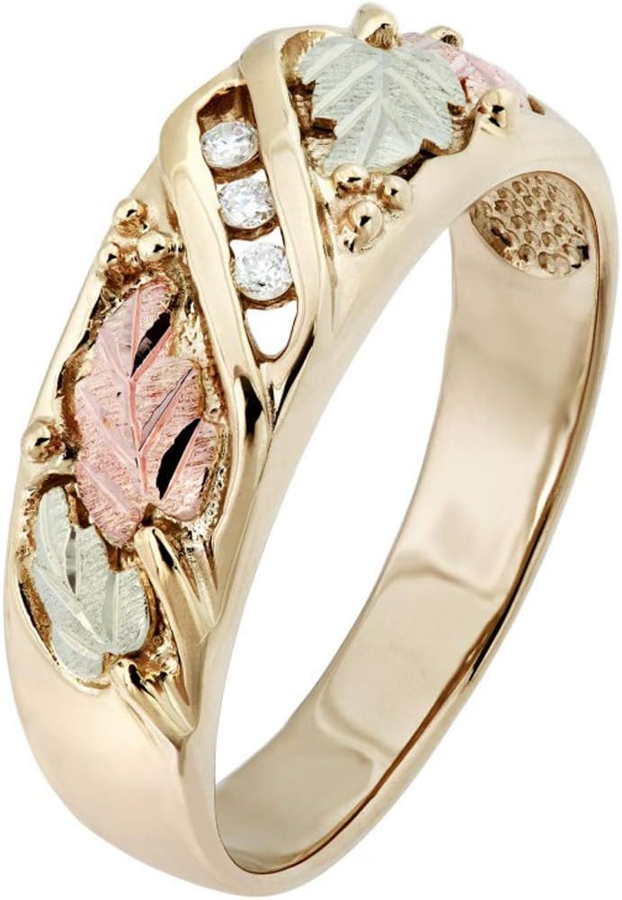 10k Yellow Gold Diamond Wedding Ring for Women, 7.24mm Wide, Adorned with 12k Green and Rose Black Hills Gold Leaf Accents, .06 Ctw, JK Color, SI1 Clarity – Ideal for Weddings and Anniversaries