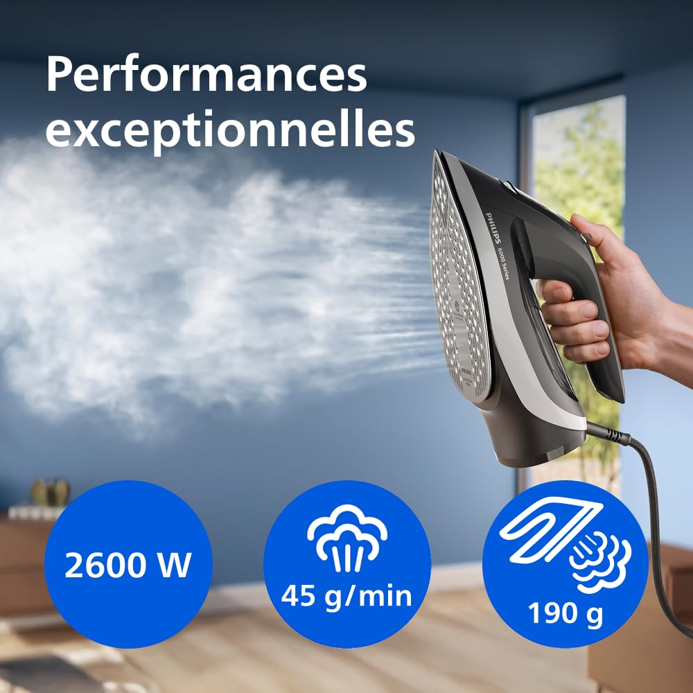 Philips Fer à repasser Série 6000 – Technologie OptimalTEMP, 0 réglage, 0 brûlure. Effet pressing 190g, Débit vapeur 45g, Semelle SteamGlide Plus, Système anti-goutte, Arrêt automatique (DST6120/80)