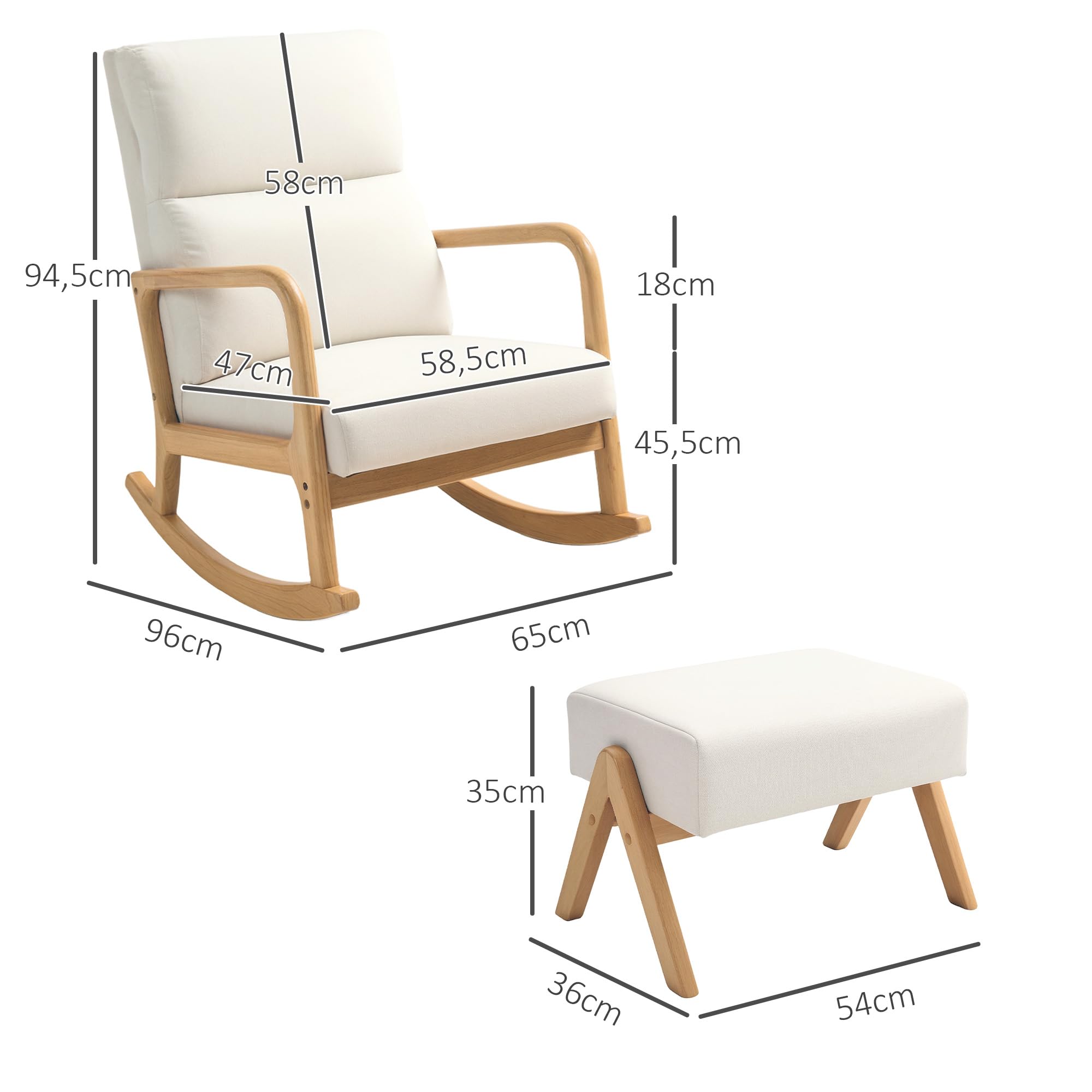HOMCOM Schaukelstuhl mit Hocker Schaukelsessel Schwingsessel mit Leinenoptik Polstersessel Sessel für Wohnzimmer, Schlafzimmer, Cremeweiß