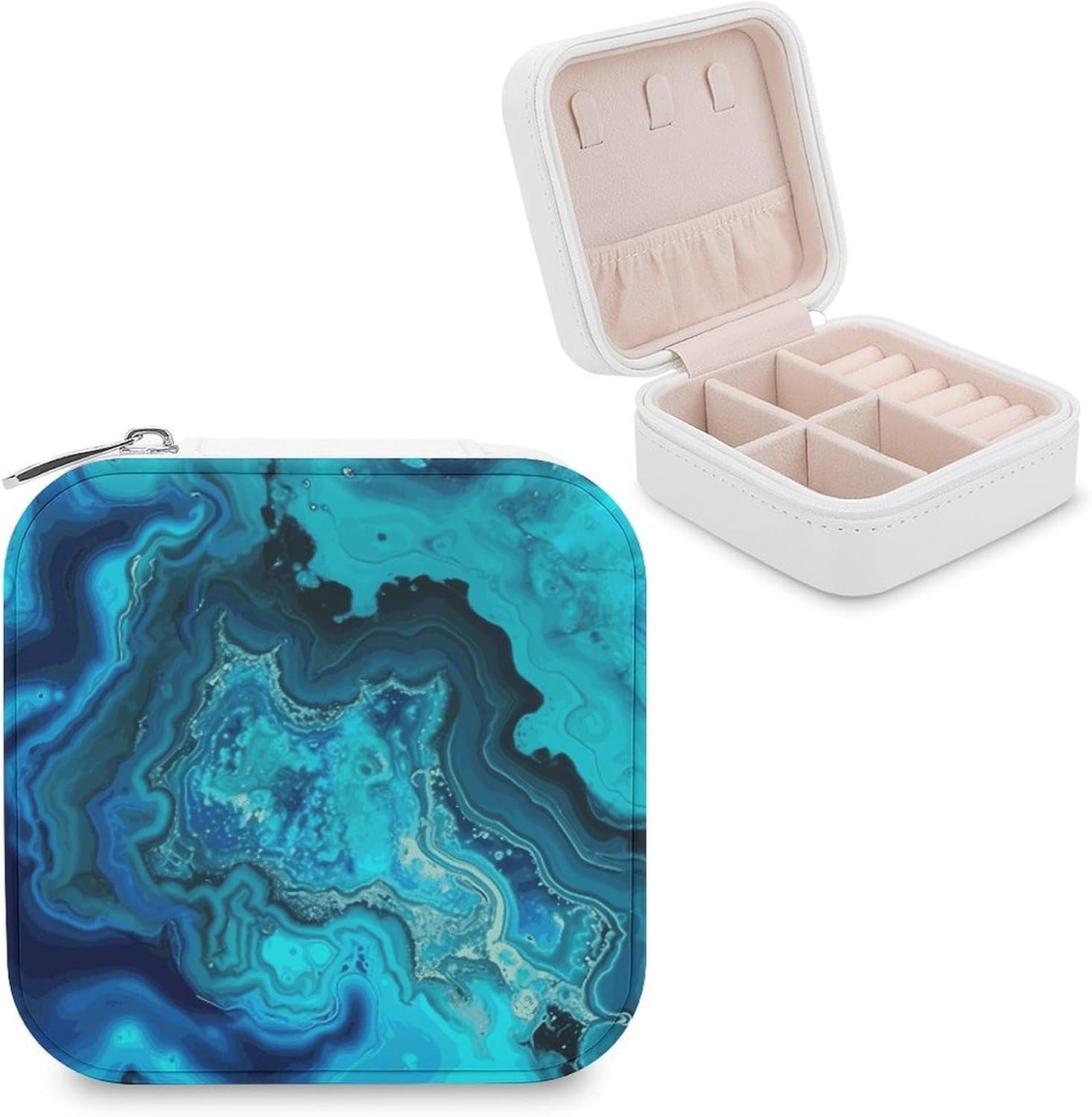 Small Jewelry Box Travel Necklace Organizer for Women Tangle Free Waterproof Leather Aqua Blue Turquoise Jewelry Case Portable Storage Holder Display for Ring Earring Pendant Gifts for Her