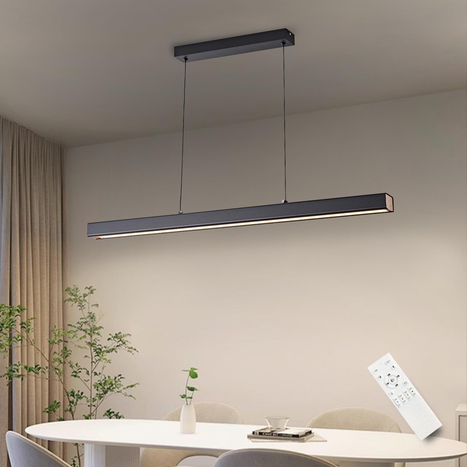LED Lampara de techo colgante,80CM Lampara Colgante Cocina Negro Regulable con Control Remoto,36W Lampara Comedor lineal Iluminación Colgante regulable altura para Comedor Cocina Oficina