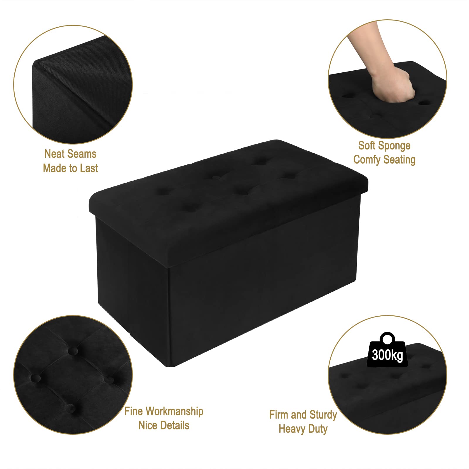 WOLTU Banc de Rangement en Velours, Tabouret Pouf Pliable, Capacité de Charge 300 kg, 80 L 76x37,5x38 cm Noir