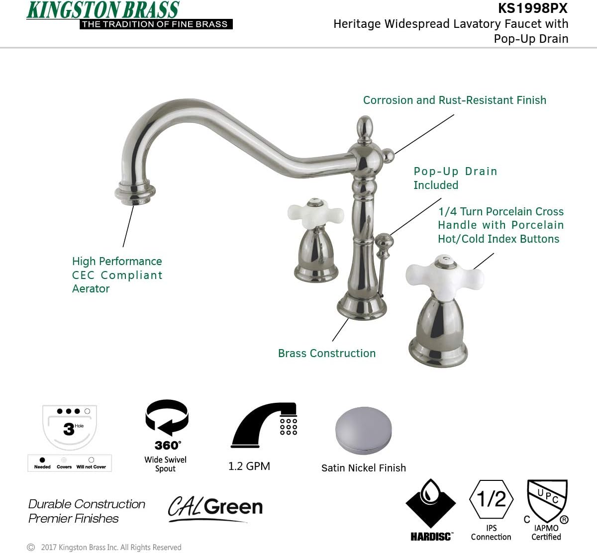 Kingston Brass KS1998PX Heritage Widespread Lavatory Faucet with Px Handle and BRS Pop-Up, Brushed Nickel
