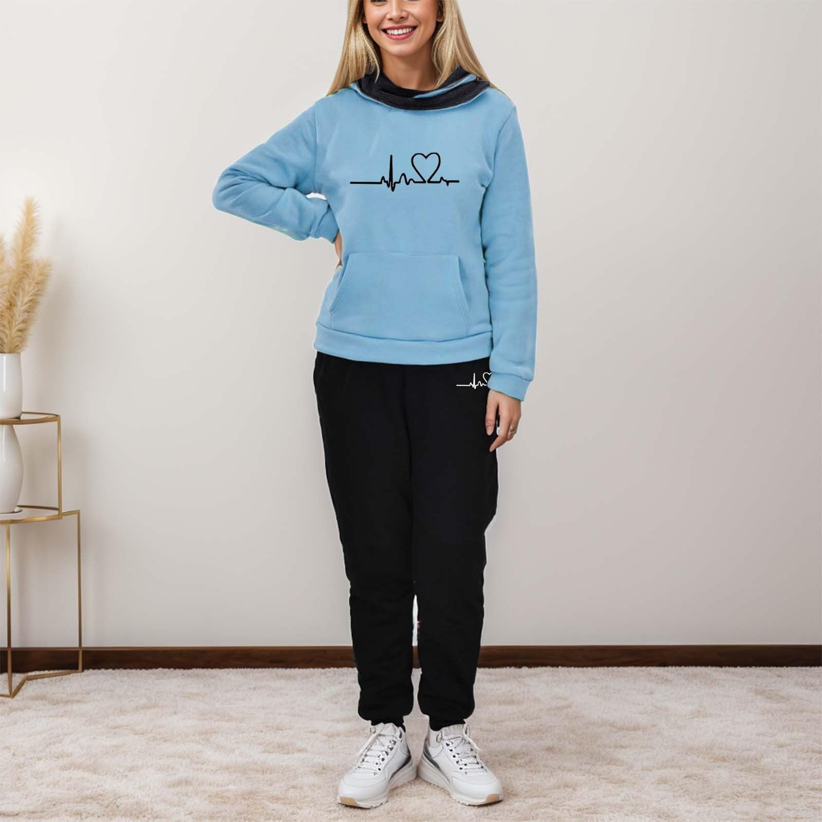 Generisch Damska odzież sportowa na co dzień, zestaw Heartbeat Frequency Print Hoodie dres treningowy modna odzież