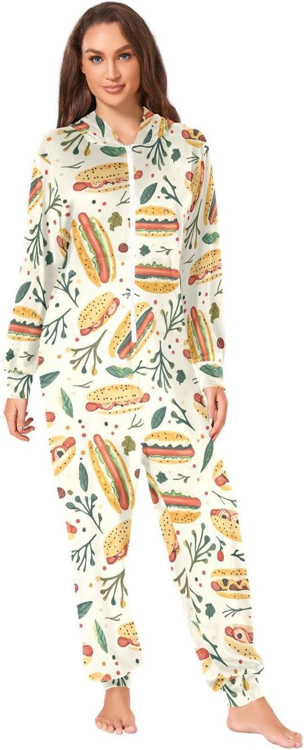 ZZKKO Gourmet Hot Dogs Adult Onesie Pajamas for Women Men Cozy One Piece Pajamas Costume Zip-Up Hooded S-XL