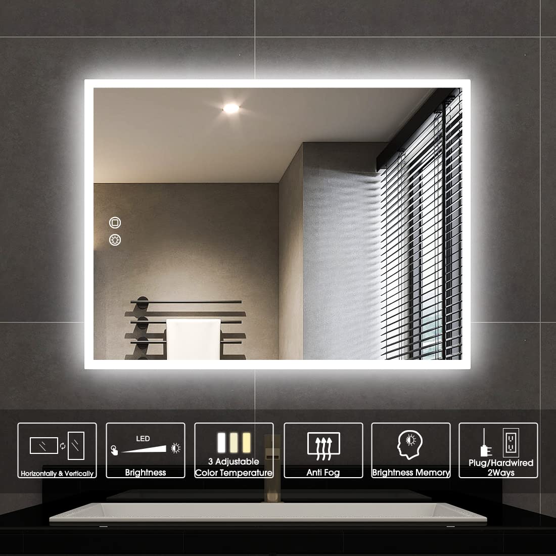 Evokor 32 x 24 Inch Led Smart Bathroom Mirror with Lights, Anti Fog, White/Warm/Natural Light, Dimmable, Lighted Vanity Mirror Wall Mounted, CRI92, IP54 Waterproof (Horizonal & Vertical