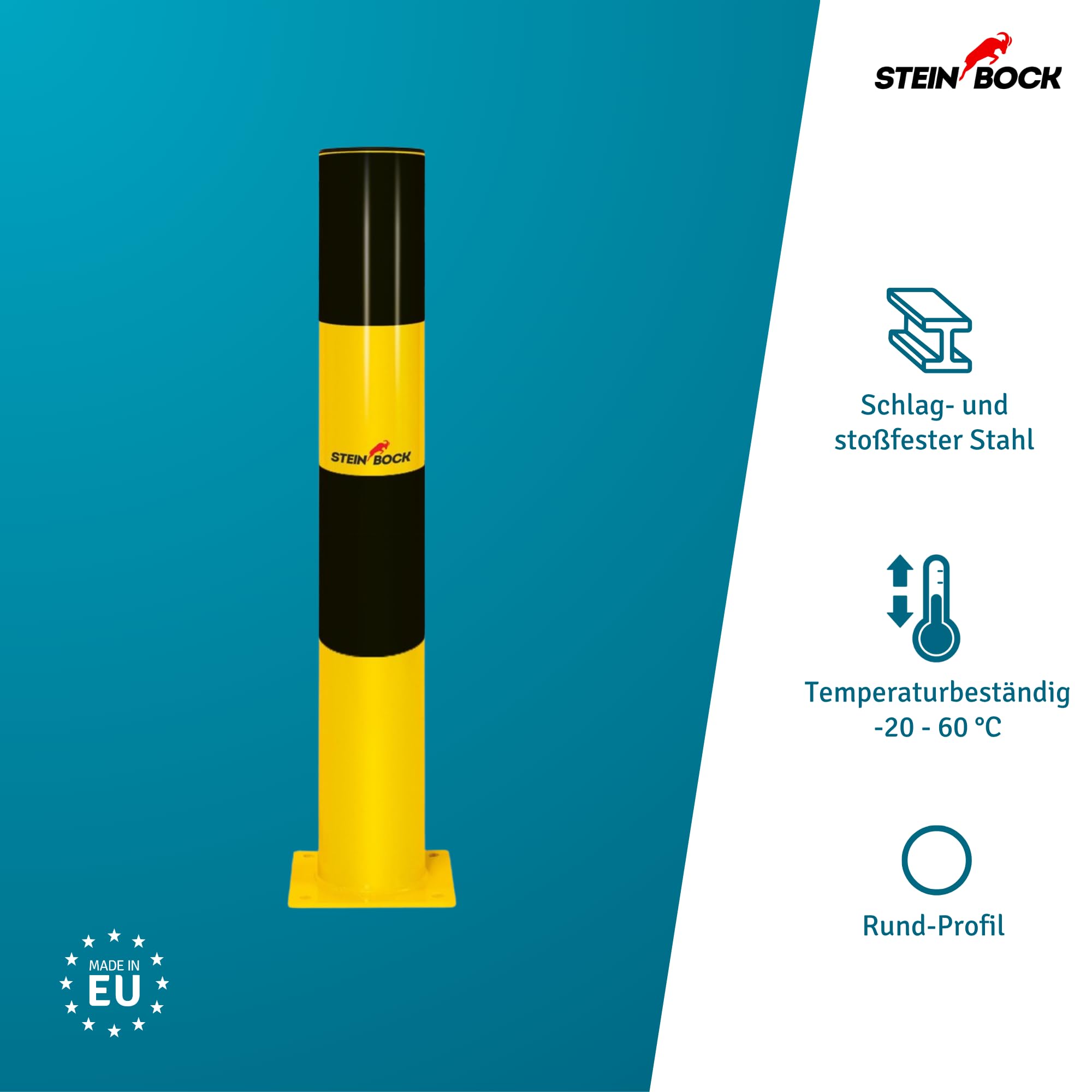 Steinbock Rammschutz-Poller | 110 cm Höhe | 8,9 cm Durchmesser | 8,7 kg Gewicht | pulverbeschichteter Stahl | Warnhinweis zum Schutz vor Anfahrschäden | robuster Anfahrschutz | Made in EU