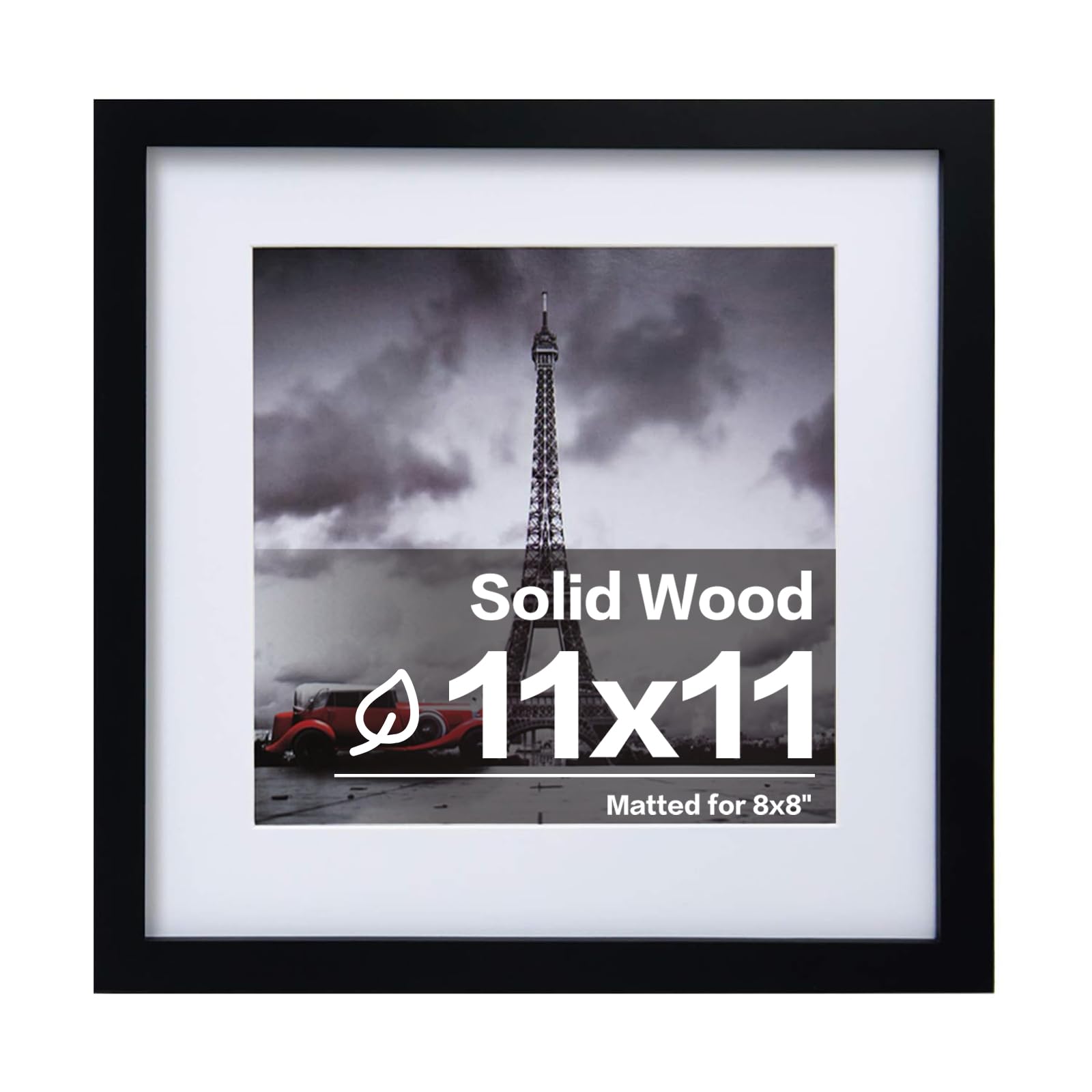 Egofine 11x11 Picture Frame Black Covered by Plexiglass, Display Pictures 4x4/8x8 with Mat Made of Solid Wood for Table Top Display and Wall mounting