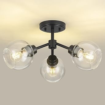 3-Light Black Semi Flush Mount Ceiling Light, Clear Glass Globe