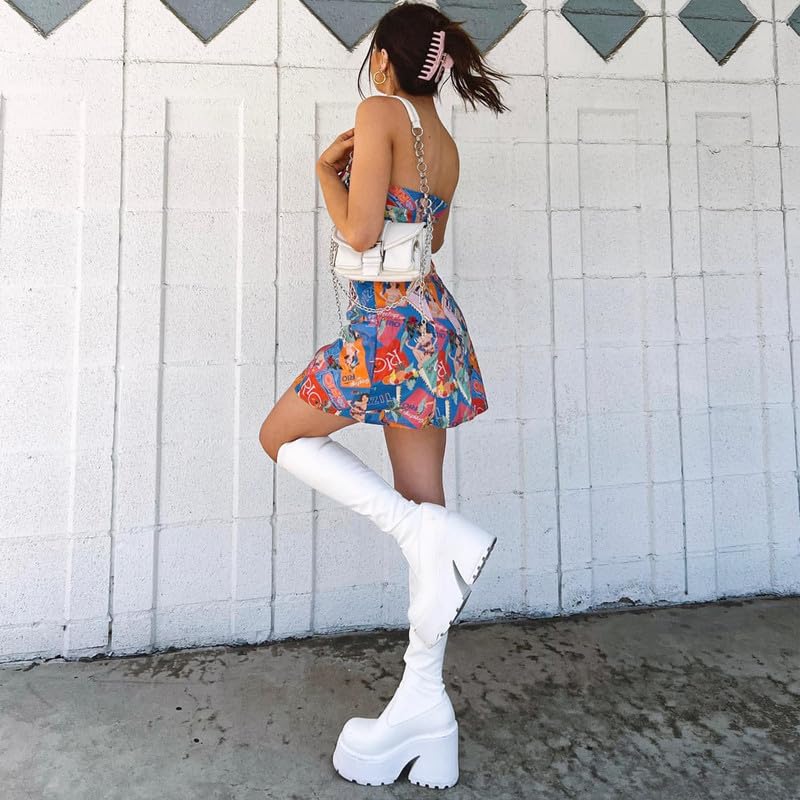 AMINUGAL Womens Elastic Knee High Platform Chunky Block High Heel Sock Boots Zipper Round Toe Fashion Motorcycle Combat Punk Boots For Women: 9.5 A-white