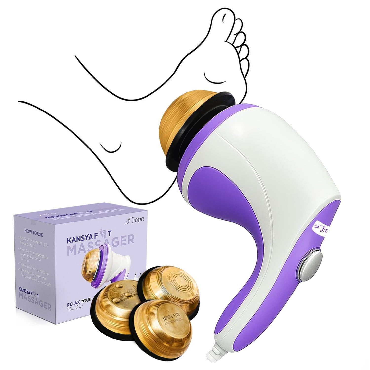Jinpri Kansya Foot Massager for Pain Relief & Relaxation β Electric Foot Therapy Machine with Interchangeable Heads for Improved Circulation & Stress Relief (White & Purple)